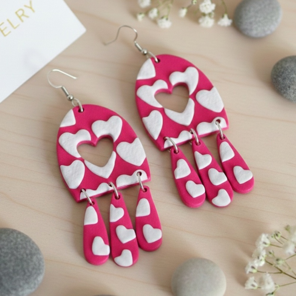 Heartfall Dangle - Handmade Clay Earrings - Valentine’s Day - Hot Pink & White